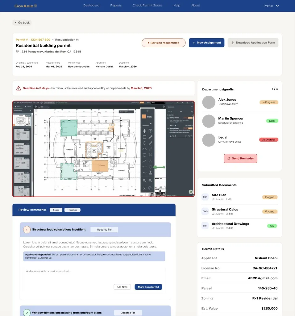 GovAxle permit review interface showing AI-assisted intake, plan review, and department routing workflow
