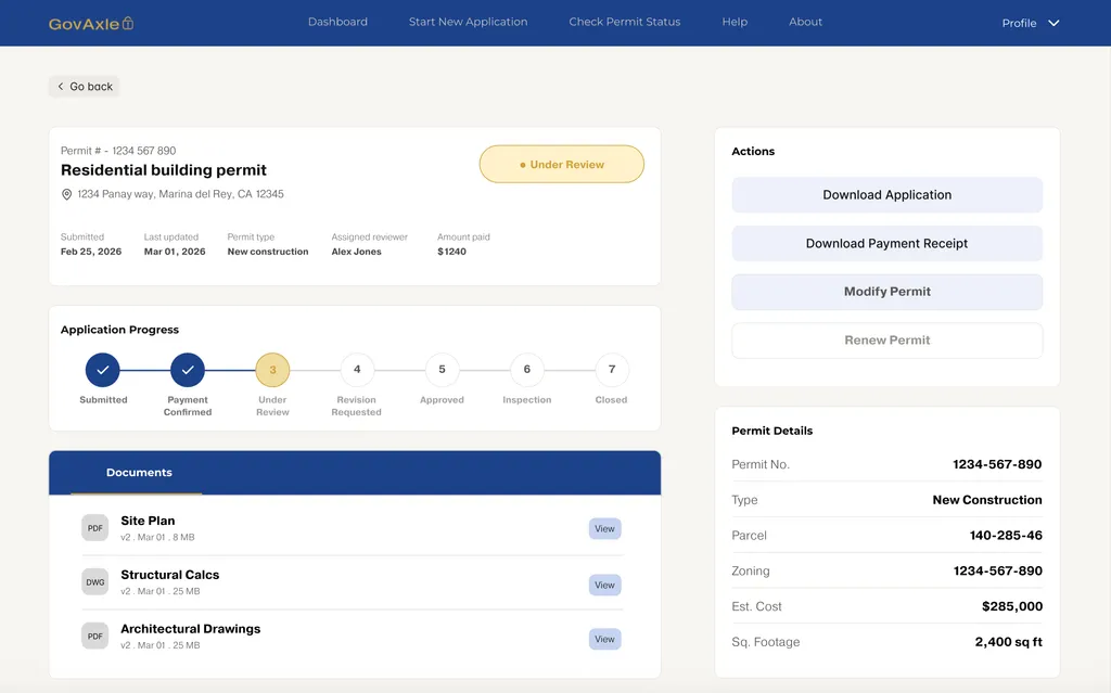 GovAxle permitting dashboard with project status, inspections, and permit workflow details