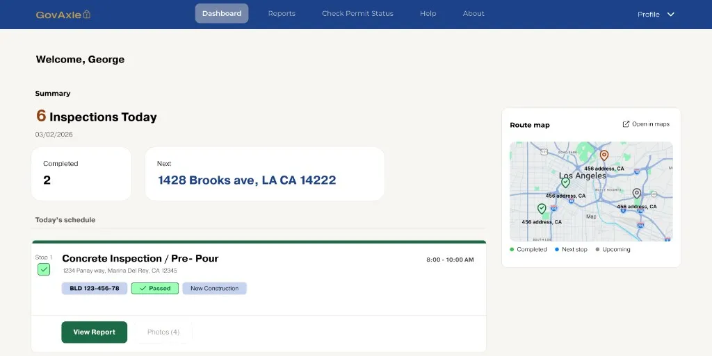 GovAxle dashboard interface showing inspections summary and route map